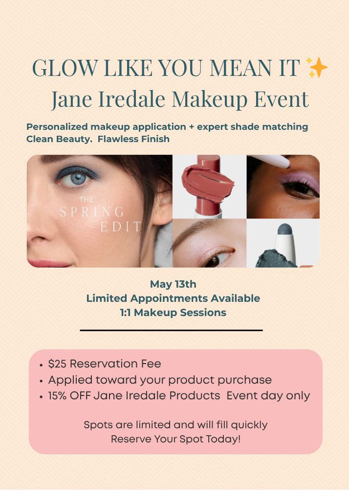 Promotional flyer for Jane Iredale Makeup Event featuring close-up images of makeup application, event date May 13th, reservation details, and product discount information. Copperfalls Aveda Spa & Salon, Castle Rock, CO